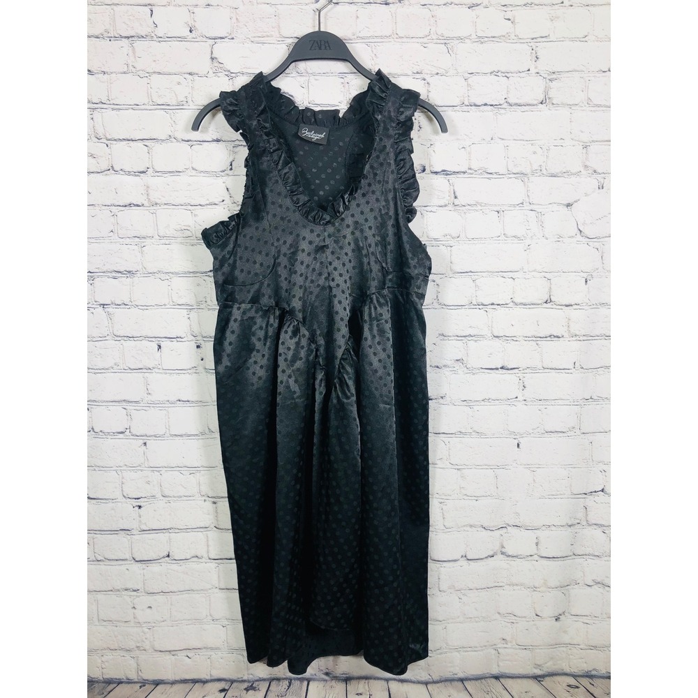 Reclaimed Vintage Dress Womens 8 Polka Dot Satin Ruffle V-Neck Black Excellent